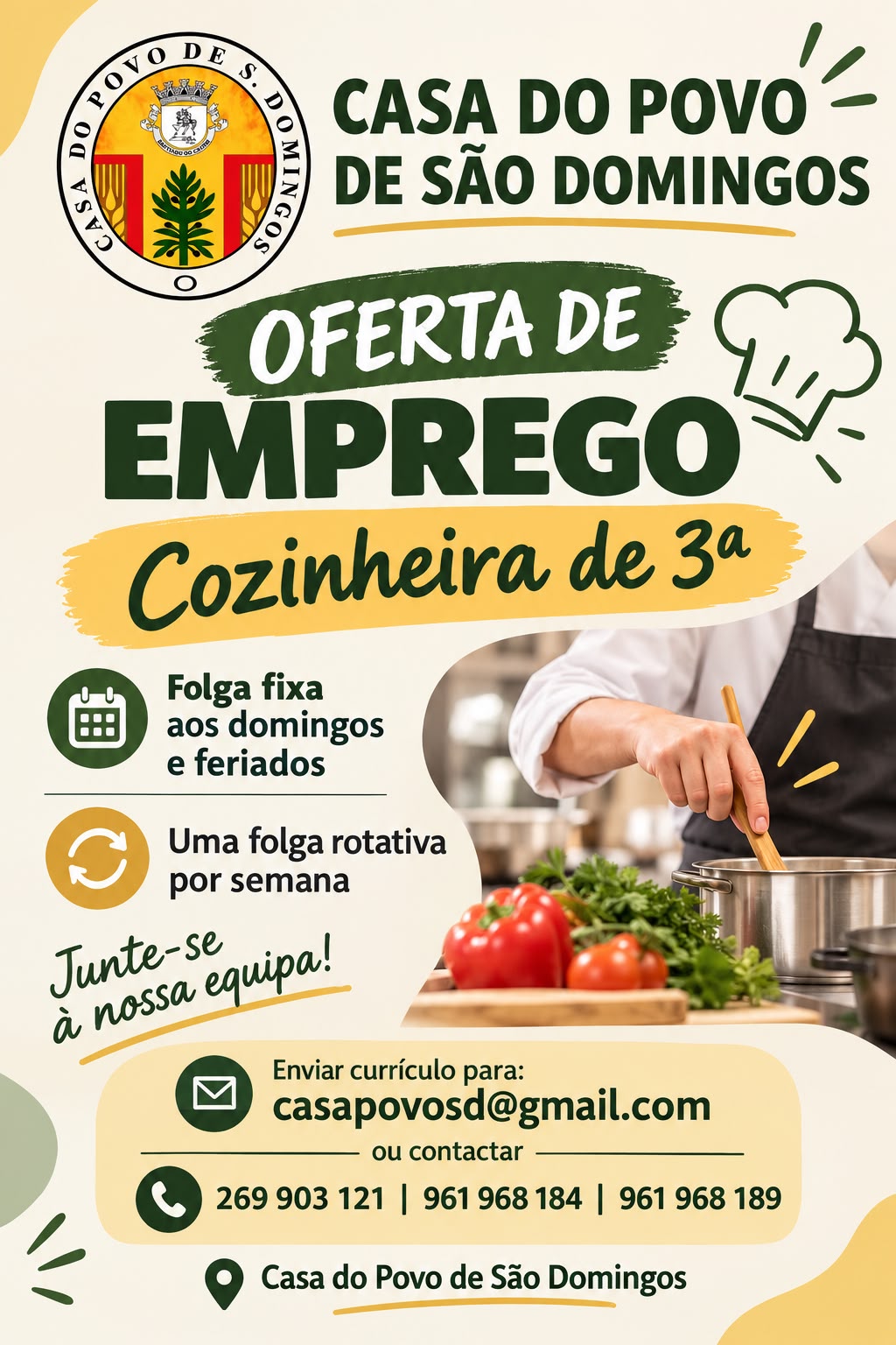 OFERTA DE EMPREGO | COZINHEIRA DE 3.ª